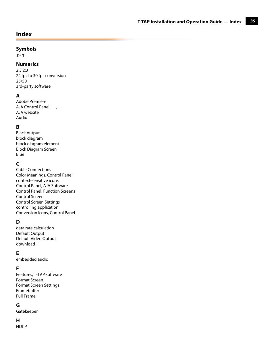 Index | AJA T-TAP User Manual | Page 41 / 43