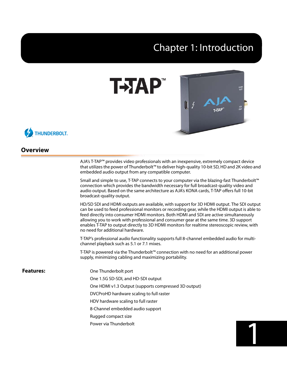 Overview, Features, Chapter 1: introduction | AJA T-TAP User Manual | Page 7 / 43