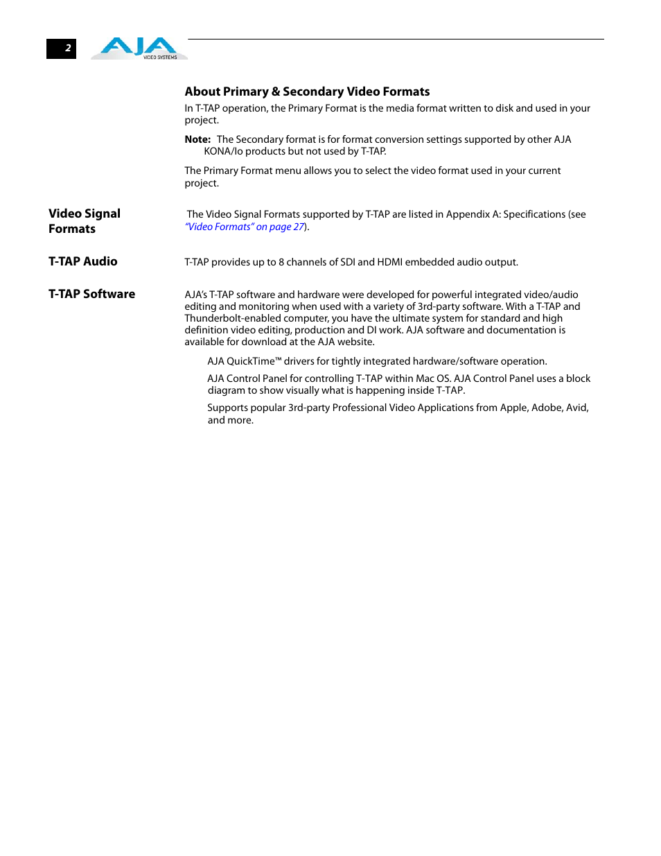 Video signal formats t-tap audio t-tap software | AJA T-TAP User Manual | Page 8 / 43