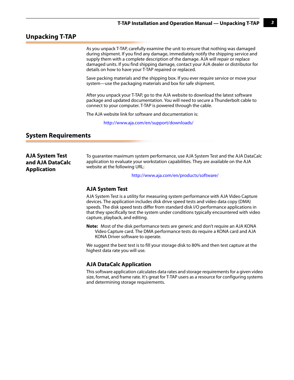 Unpacking t-tap system requirements, Aja system test and aja datacalc application, Unpacking t-tap | System requirements | AJA T-TAP User Manual | Page 9 / 43