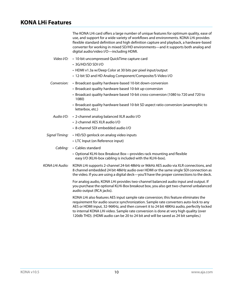 Kona lhi features | AJA KONA LHi User Manual | Page 10 / 97