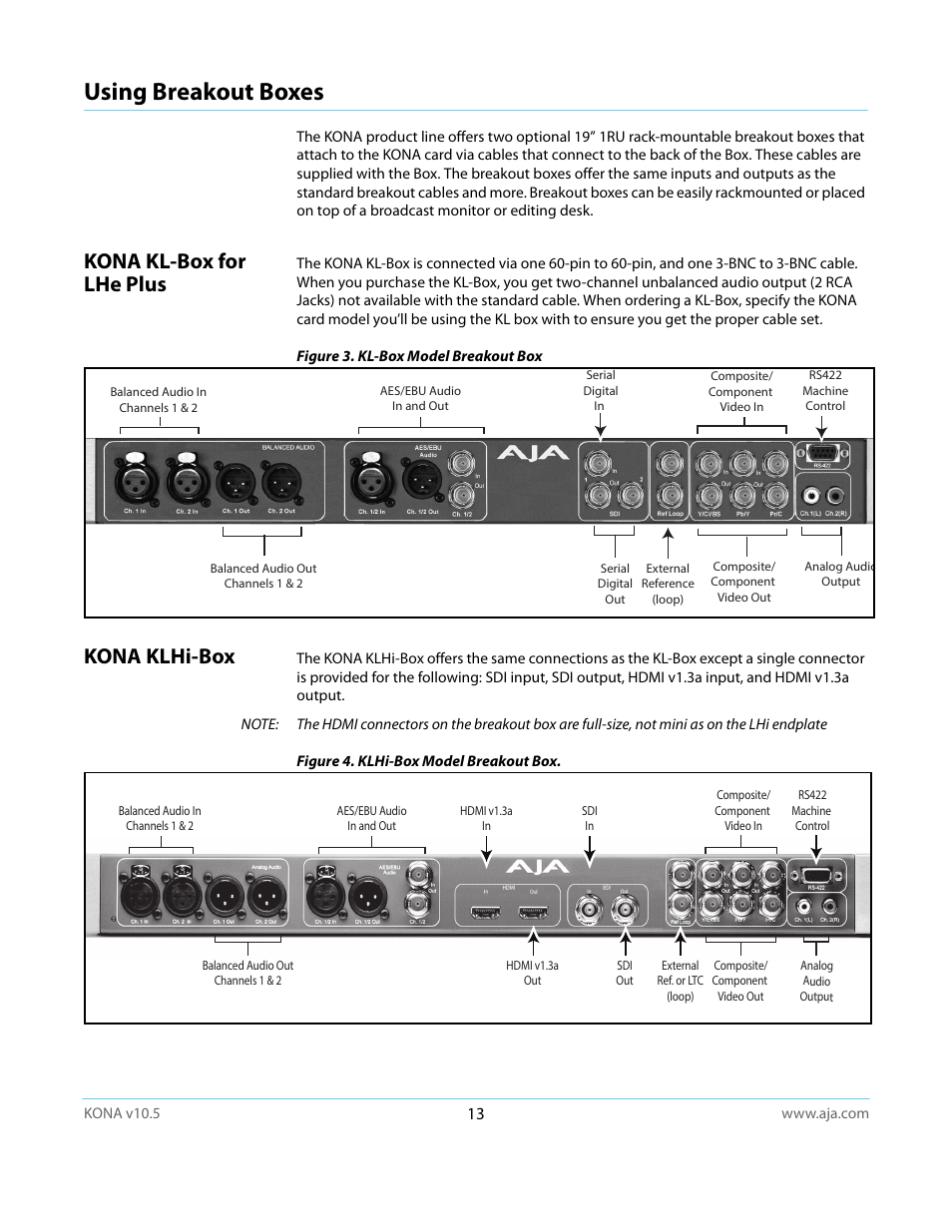 Using breakout boxes, Kona kl-box for lhe plus, Kona klhi-box | Kona kl-box for lhe plus kona klhi-box | AJA KONA LHi User Manual | Page 13 / 97