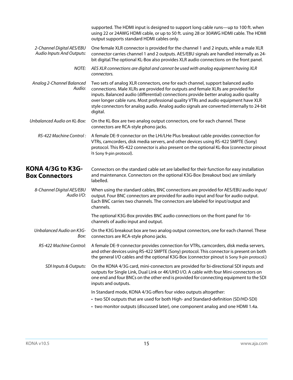 Kona 4/3g to k3g- box connectors, Kona 4/3g to k3g-box connectors | AJA KONA LHi User Manual | Page 15 / 97