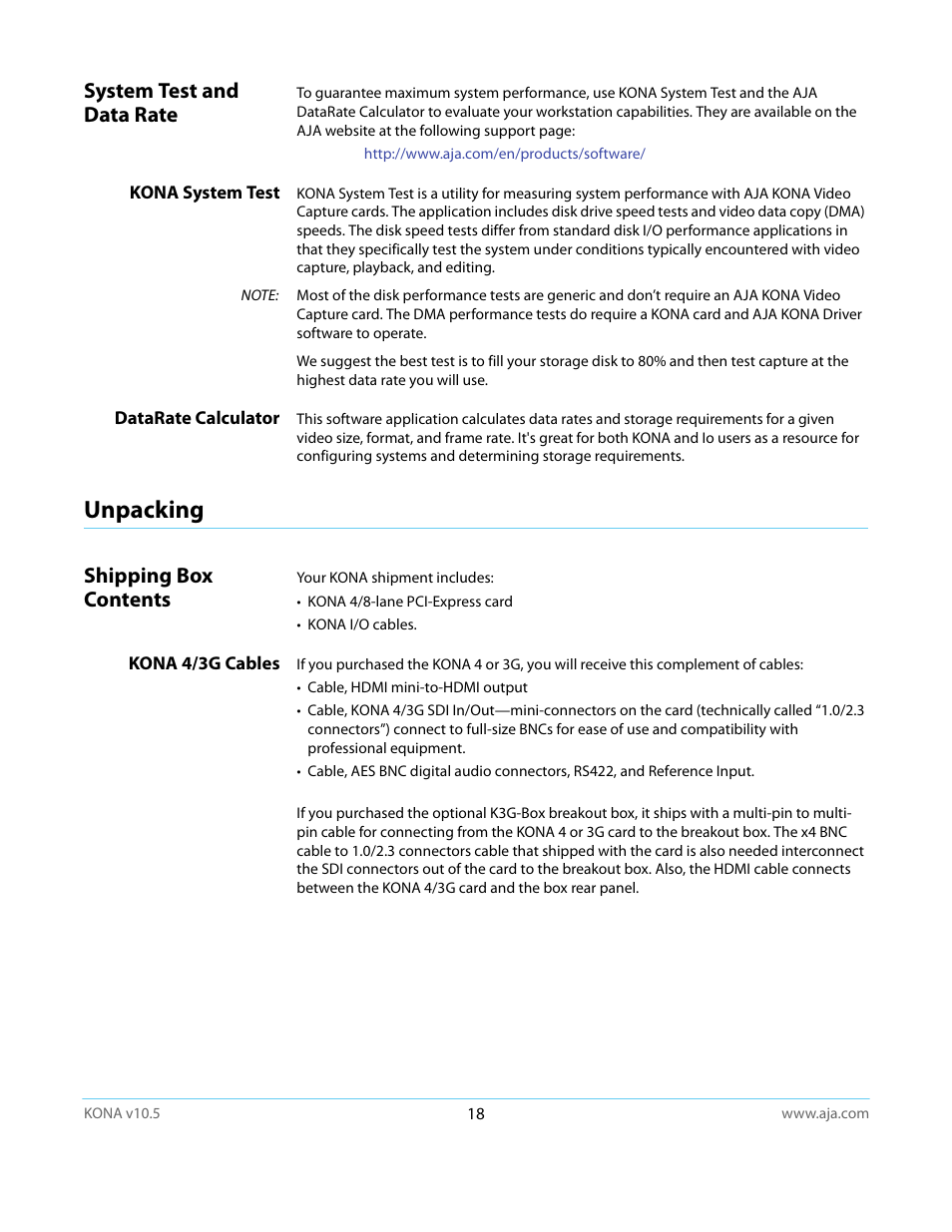 System test and data rate, Kona system test, Datarate calculator | Unpacking, Shipping box contents, Kona 4/3g cables | AJA KONA LHi User Manual | Page 18 / 97