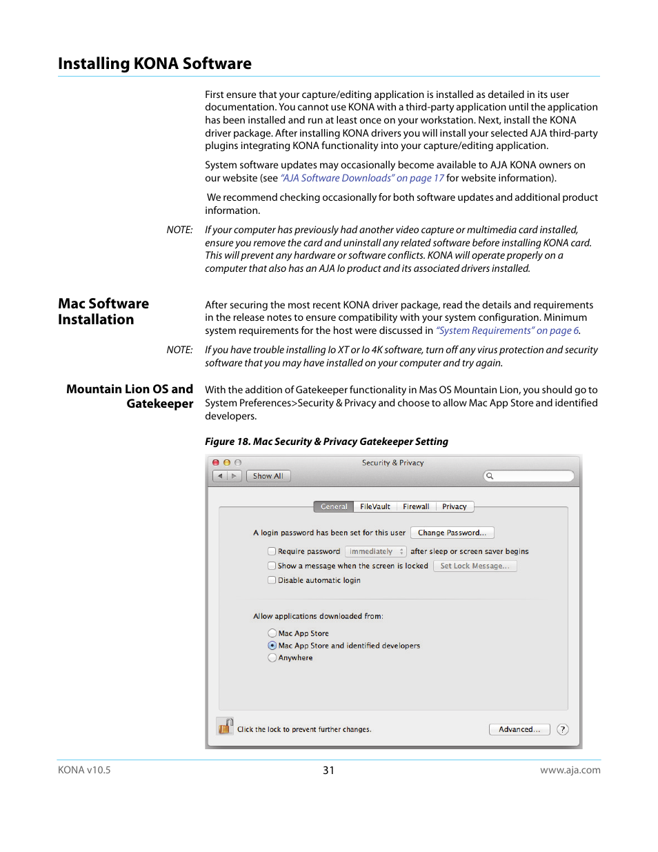 Installing kona software, Mac software installation, Mountain lion os and gatekeeper | AJA KONA LHi User Manual | Page 31 / 97