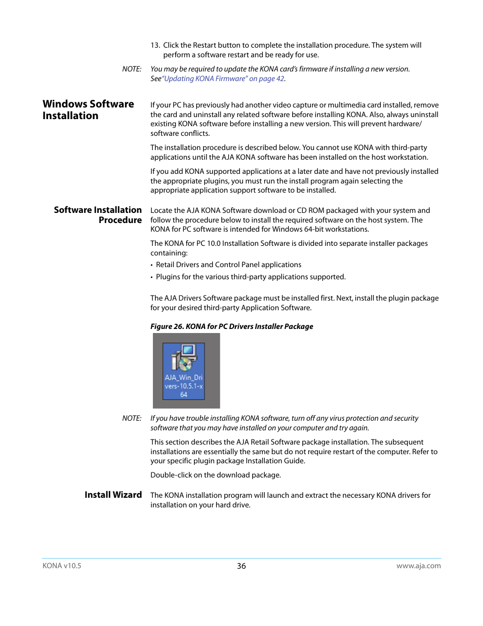 Windows software installation, Software installation procedure, Install wizard | AJA KONA LHi User Manual | Page 36 / 97