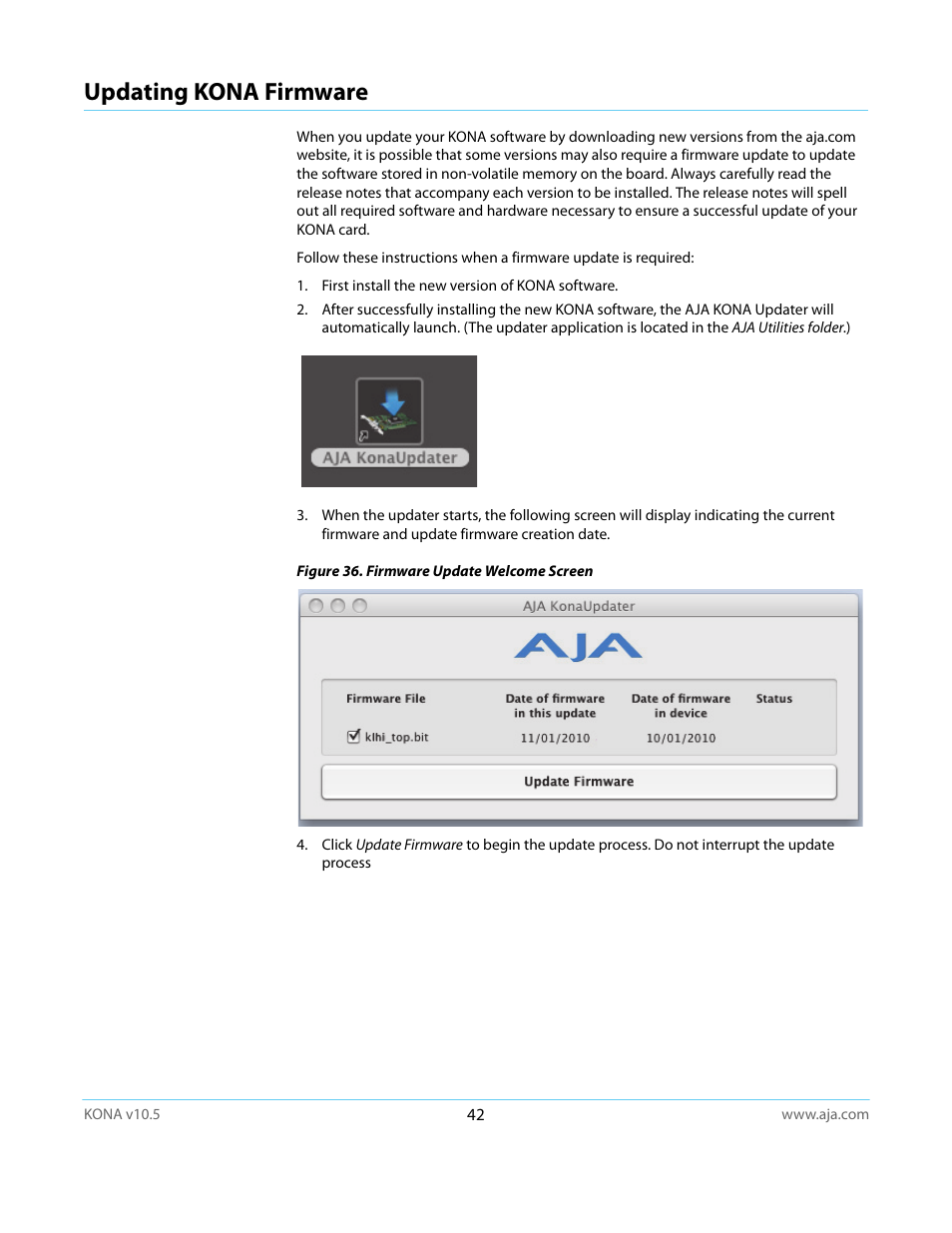 Updating kona firmware | AJA KONA LHi User Manual | Page 42 / 97