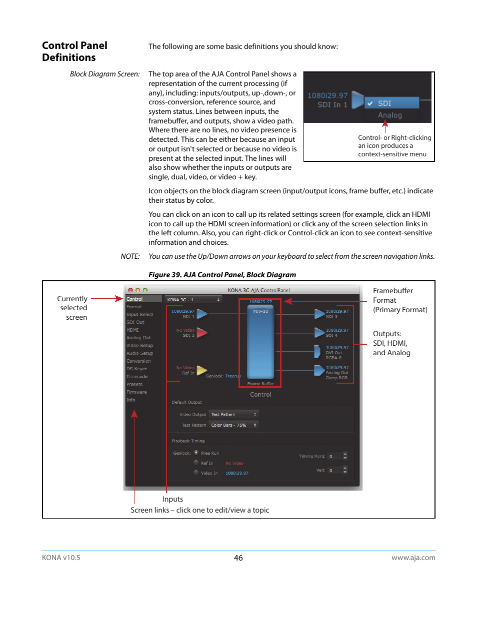 Control panel definitions | AJA KONA LHi User Manual | Page 46 / 97