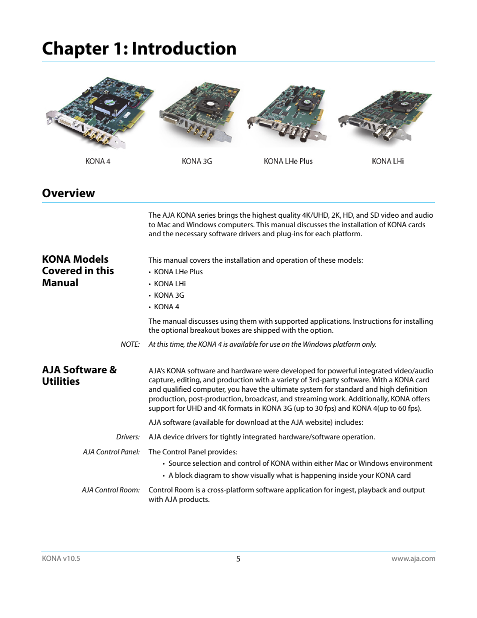 Overview, Kona models covered in this manual, Aja software & utilities | Chapter 1: introduction | AJA KONA LHi User Manual | Page 5 / 97