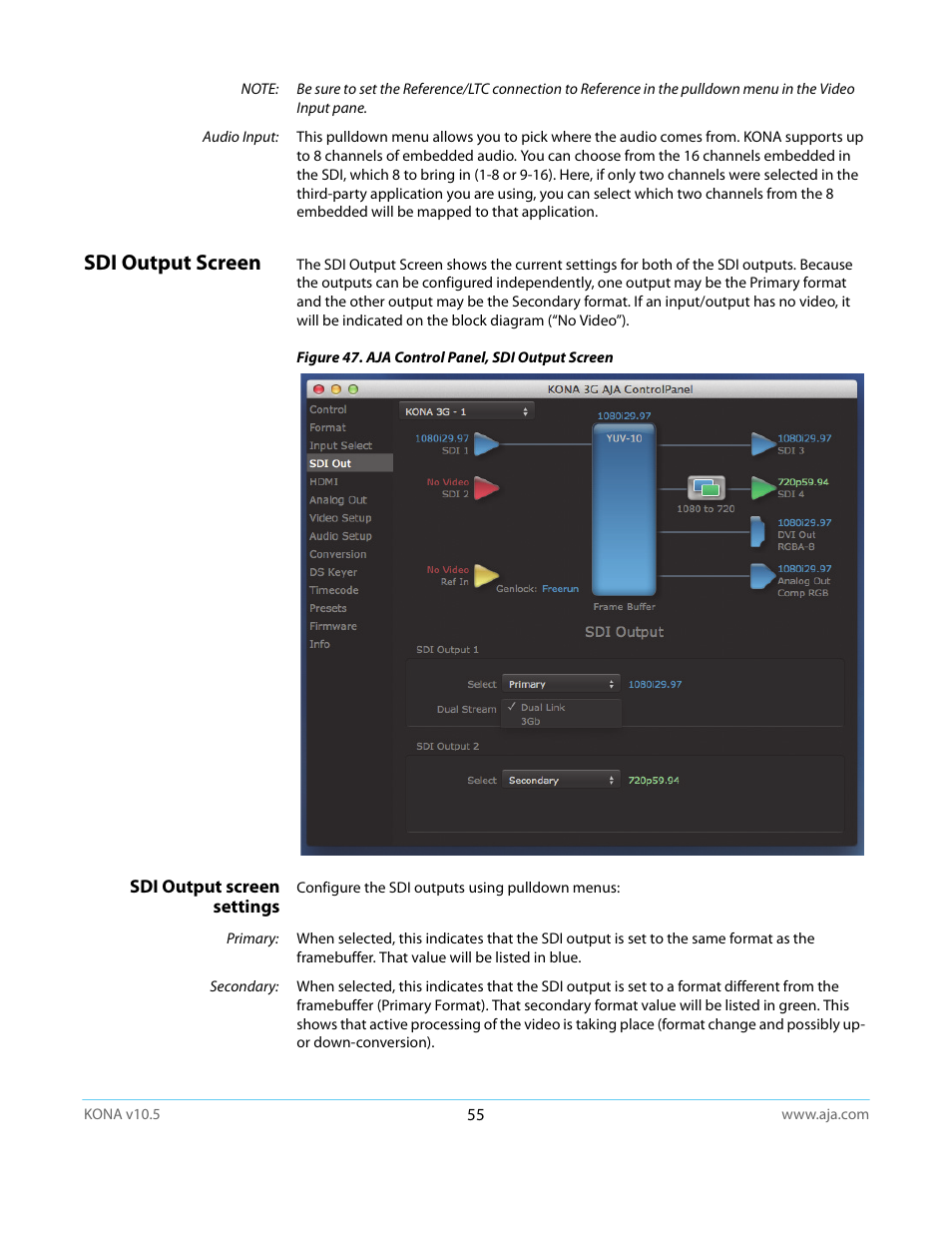 Sdi output screen, Sdi output screen settings | AJA KONA LHi User Manual | Page 55 / 97