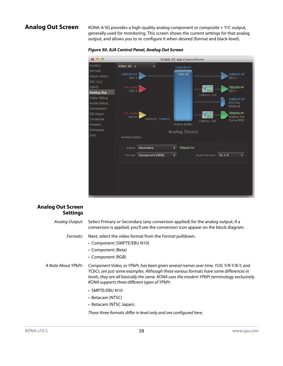 Analog out screen, Analog out screen settings | AJA KONA LHi User Manual | Page 58 / 97
