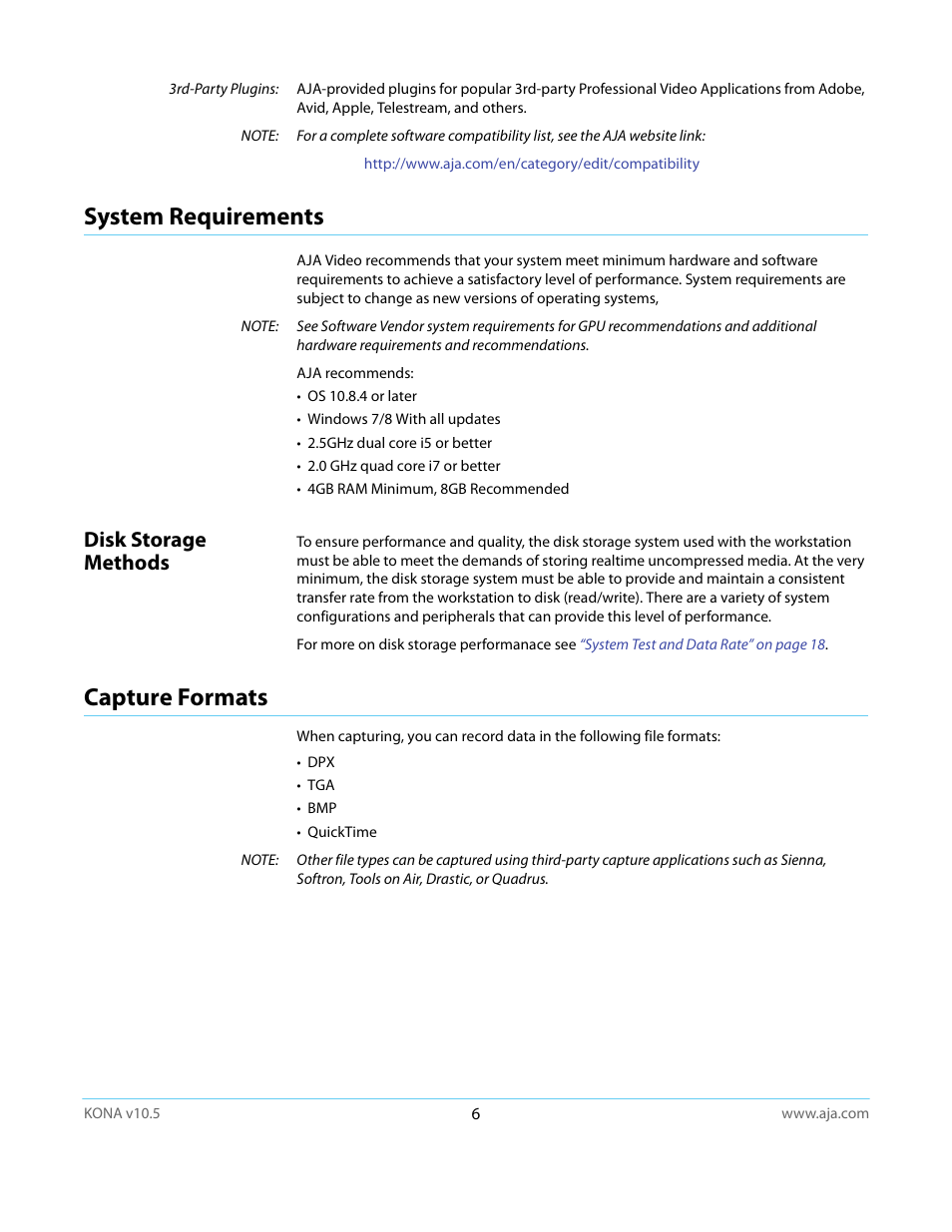 System requirements, Disk storage methods, Capture formats | AJA KONA LHi User Manual | Page 6 / 97
