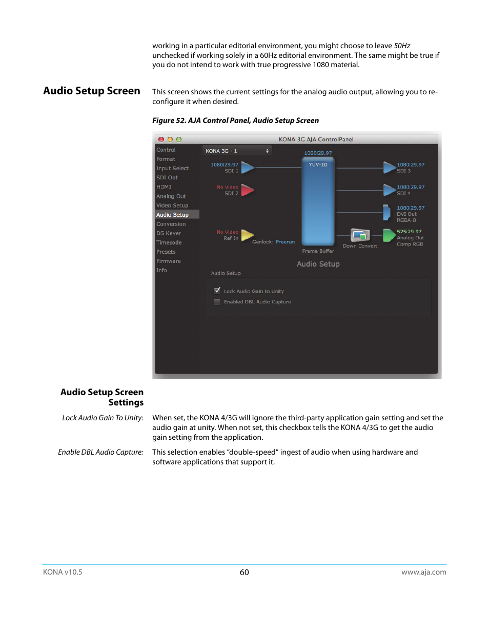 Audio setup screen, Audio setup screen settings | AJA KONA LHi User Manual | Page 60 / 97