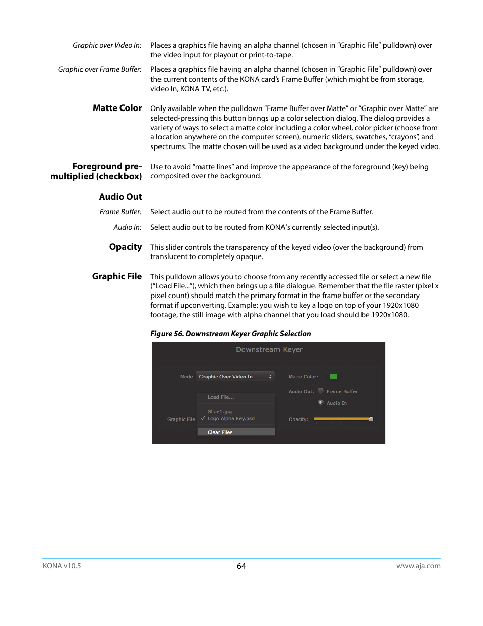 Matte color, Foreground pre- multiplied (checkbox), Audio out | Opacity, Graphic file | AJA KONA LHi User Manual | Page 64 / 97
