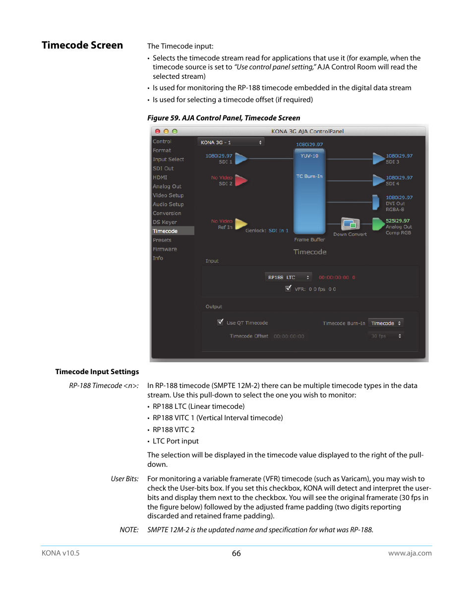 Timecode screen | AJA KONA LHi User Manual | Page 66 / 97