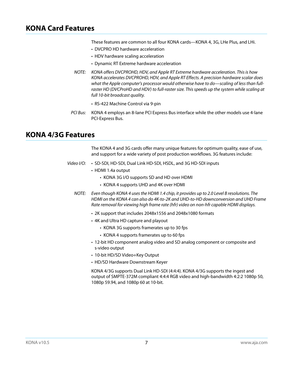 Kona card features, Kona 4/3g features, Kona card features kona 4/3g features | AJA KONA LHi User Manual | Page 7 / 97