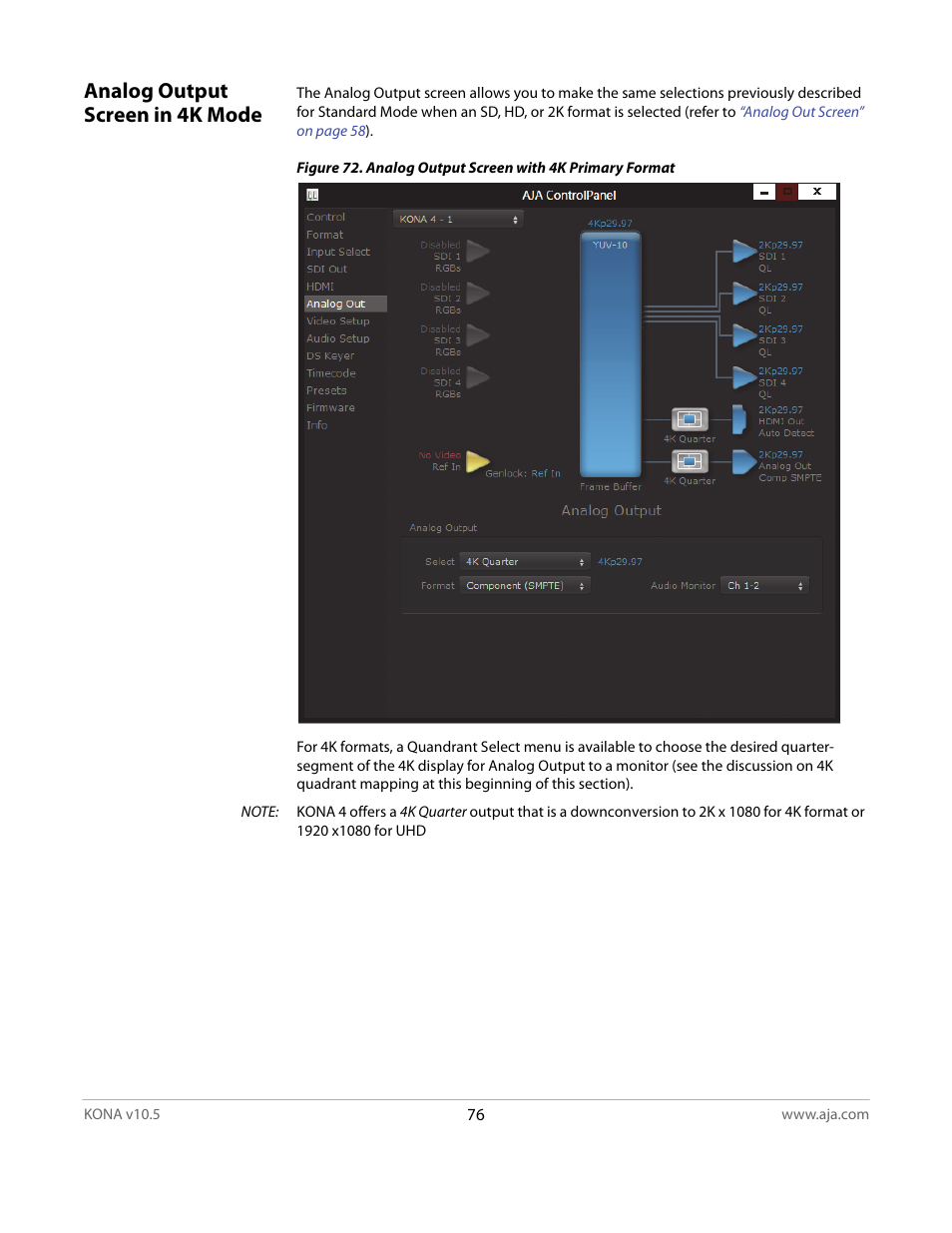 Analog output screen in 4k mode | AJA KONA LHi User Manual | Page 76 / 97