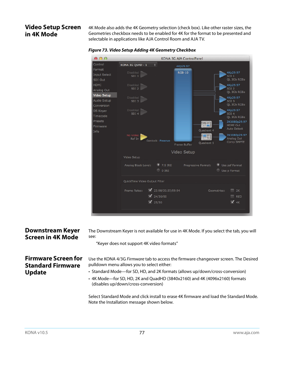 Video setup screen in 4k mode, Downstream keyer screen in 4k mode, Firmware screen for standard firmware update | AJA KONA LHi User Manual | Page 77 / 97