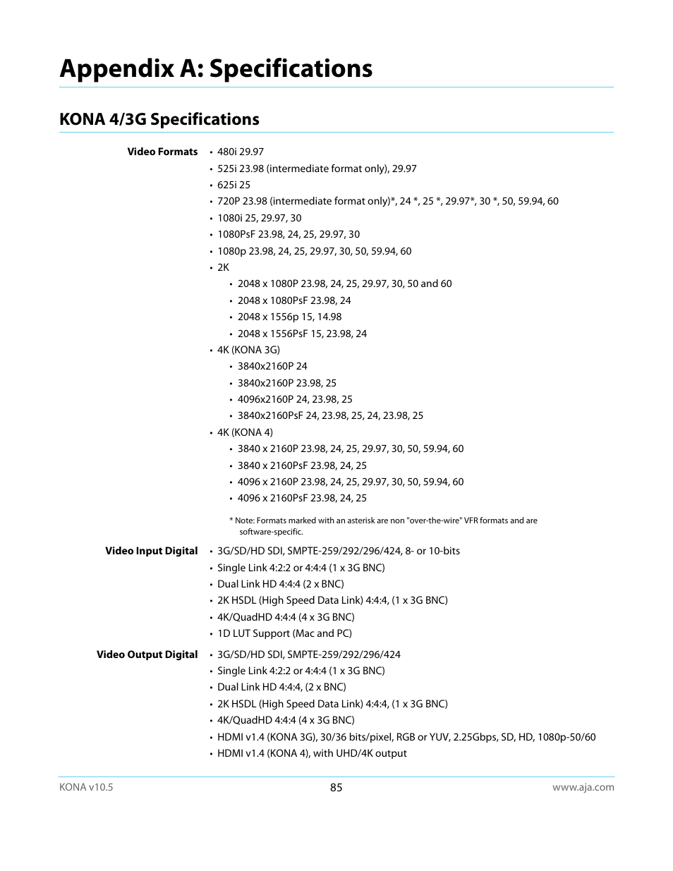 Kona 4/3g specifications, Appendix a: specifications | AJA KONA LHi User Manual | Page 85 / 97
