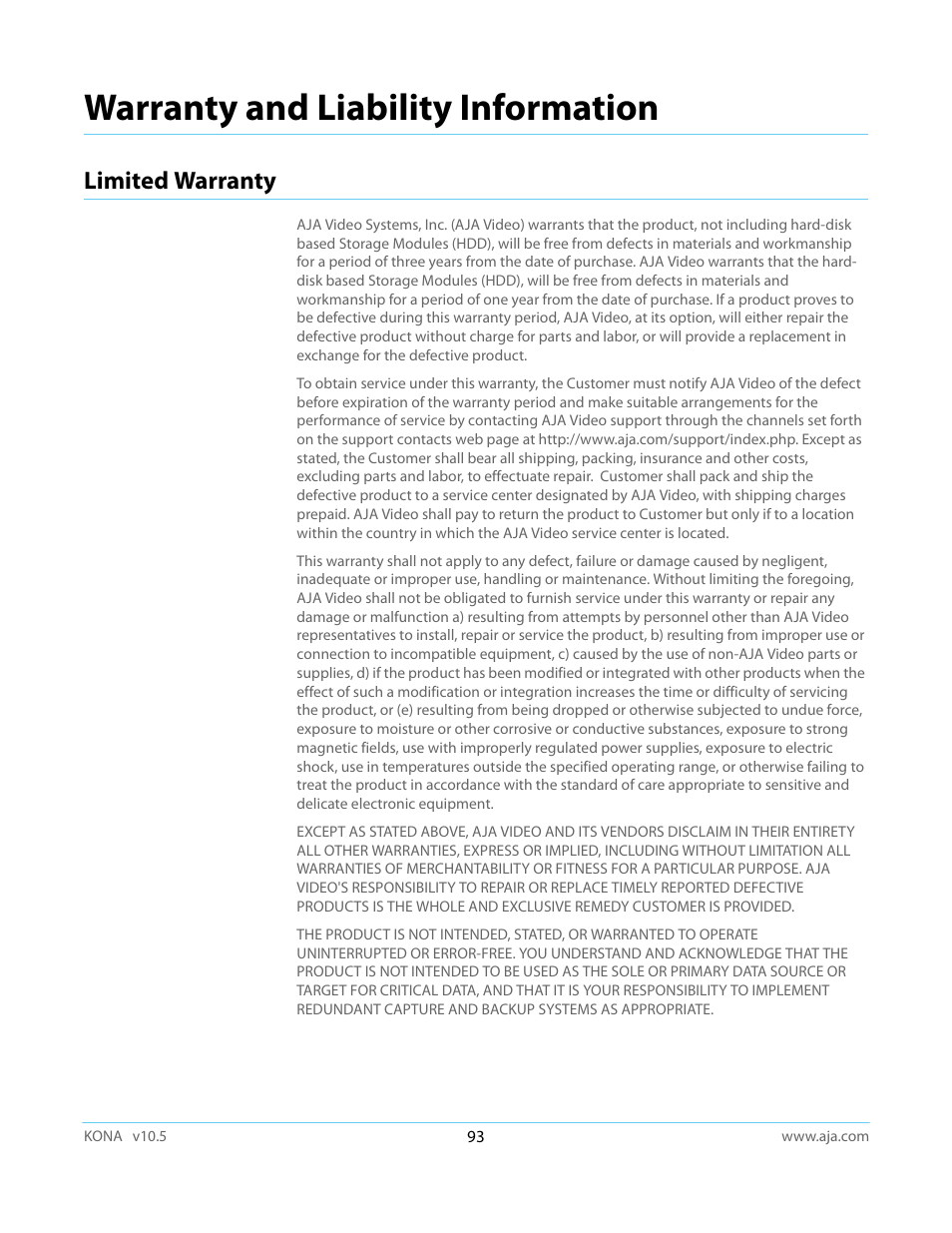 Limited warranty, Warranty and liability information | AJA KONA LHi User Manual | Page 93 / 97