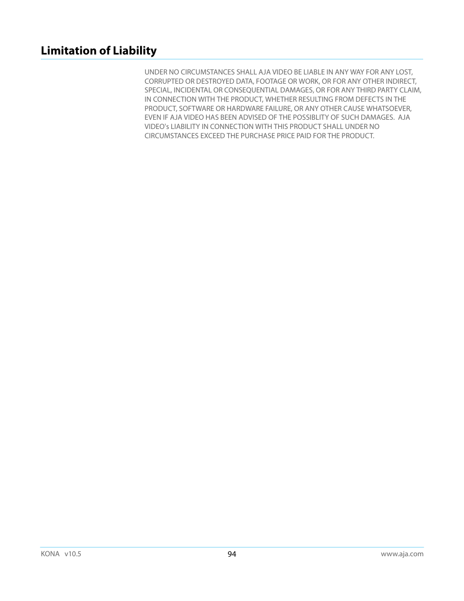 Limitation of liability | AJA KONA LHi User Manual | Page 94 / 97