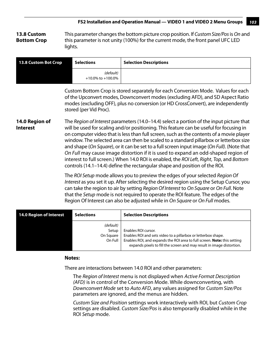 8 custom bottom crop, 0 region of interest, 8 custom bottom crop 14.0 region of interest | AJA FS2 User Manual | Page 103 / 230