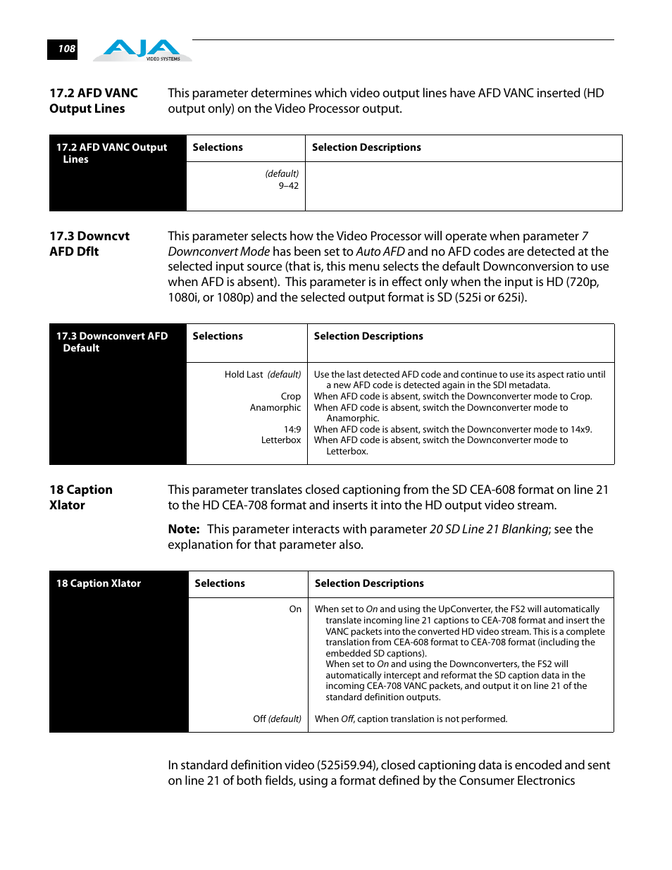 2 afd vanc output lines, 3 downcvt afd dflt, 18 caption xlator | AJA FS2 User Manual | Page 108 / 230