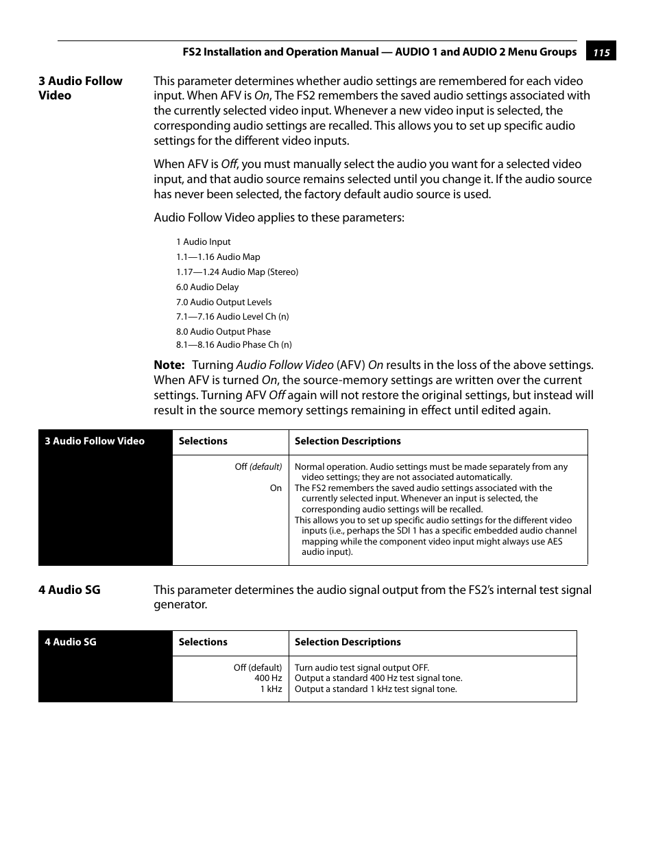 3 audio follow video, 4 audio sg, 3 audio follow video 4 audio sg | AJA FS2 User Manual | Page 115 / 230