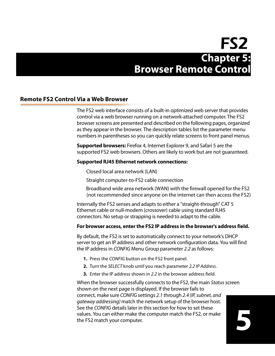 Chapter 5: browser remote control, Remote fs2 control via a web browser, Chapter 5 | Browser remote control | AJA FS2 User Manual | Page 121 / 230
