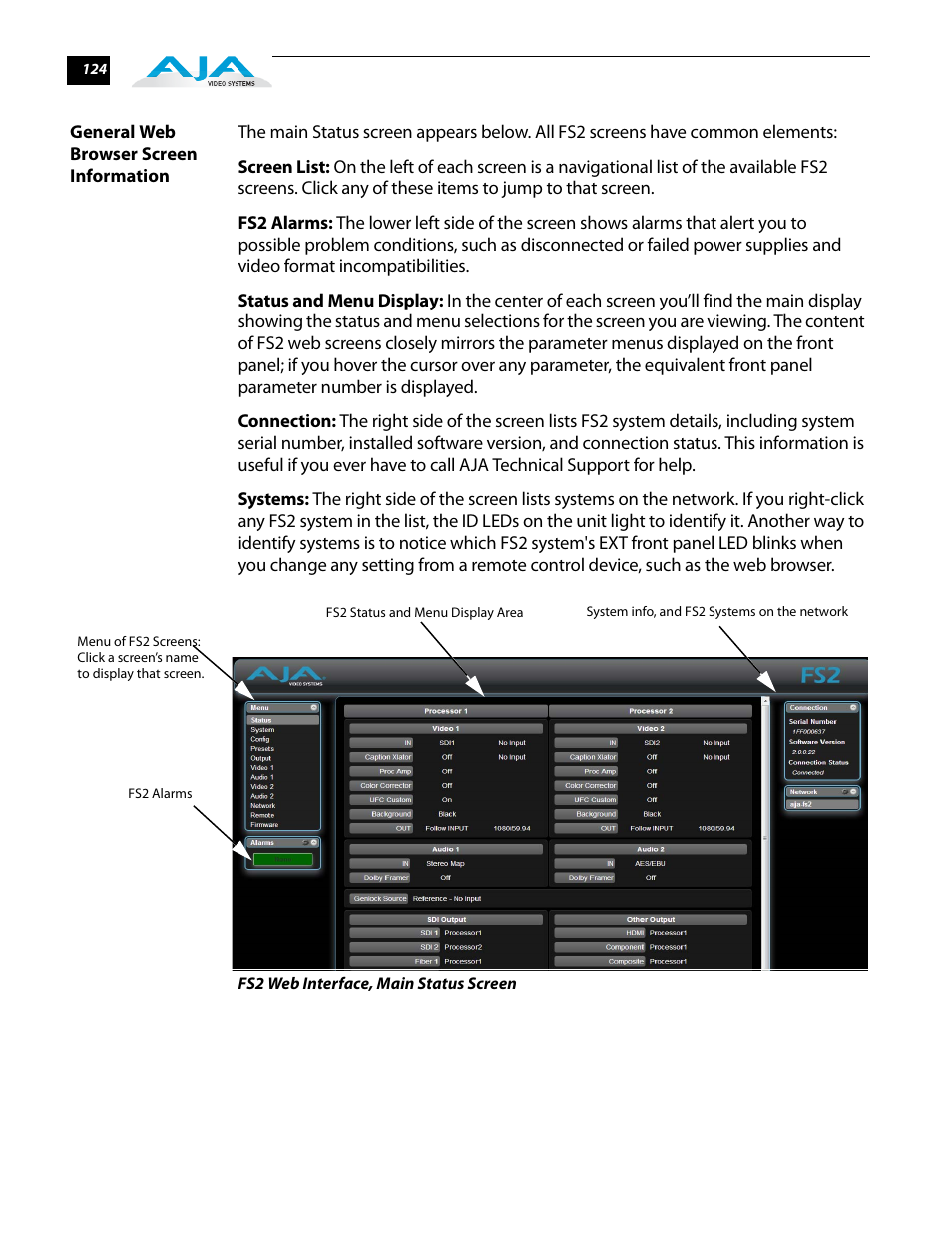 General web browser screen information | AJA FS2 User Manual | Page 122 / 230