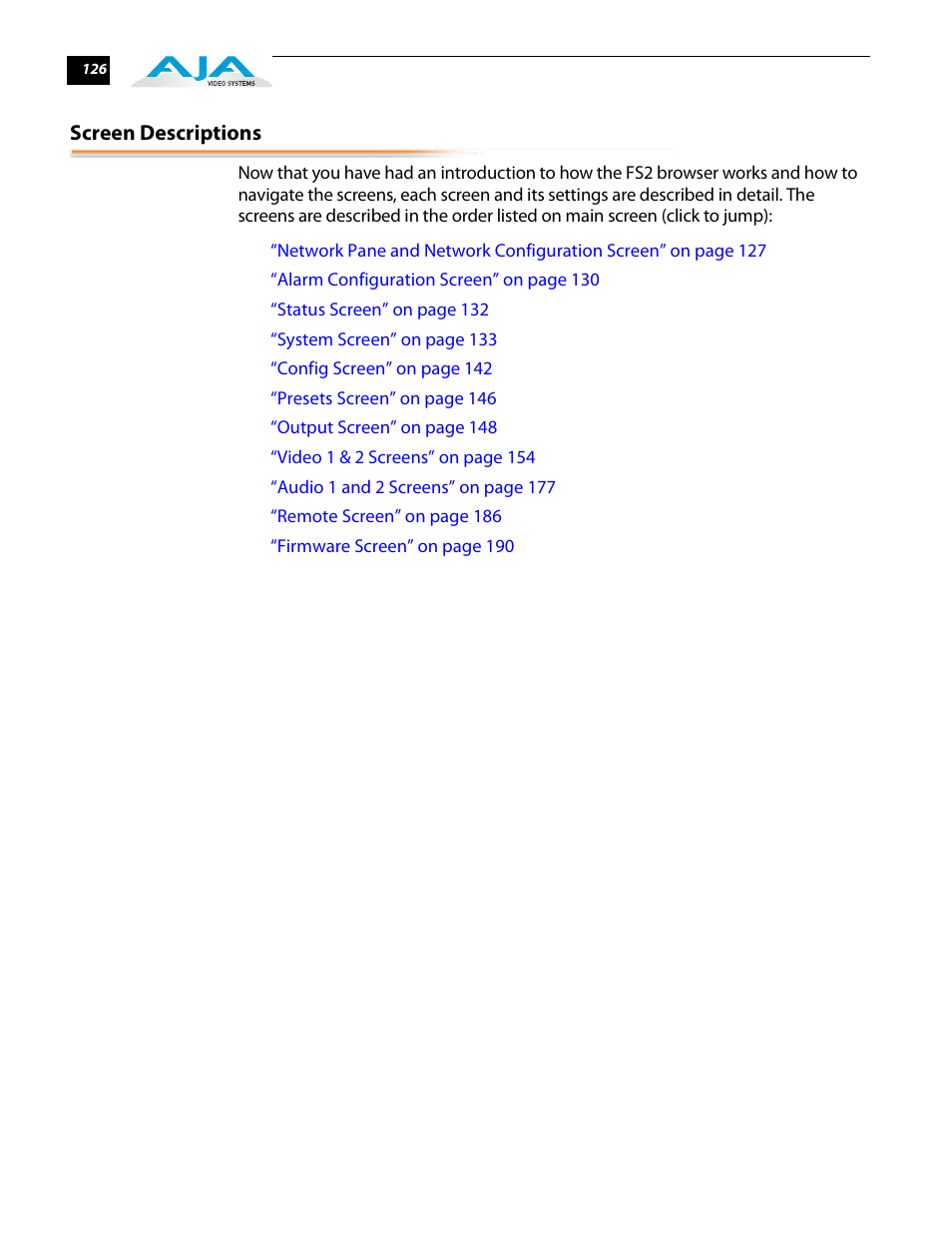 Screen descriptions | AJA FS2 User Manual | Page 124 / 230