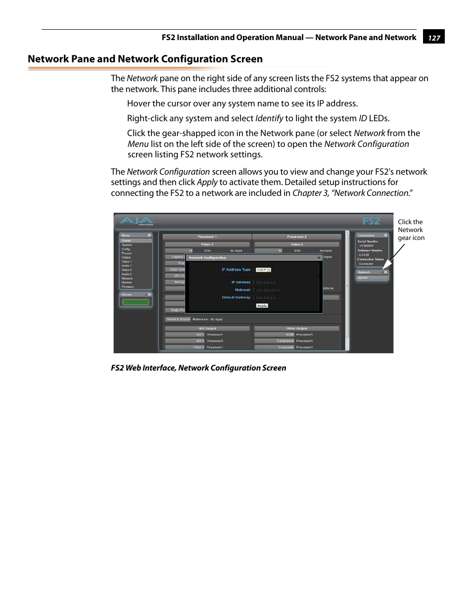 Network pane and network configuration screen | AJA FS2 User Manual | Page 125 / 230