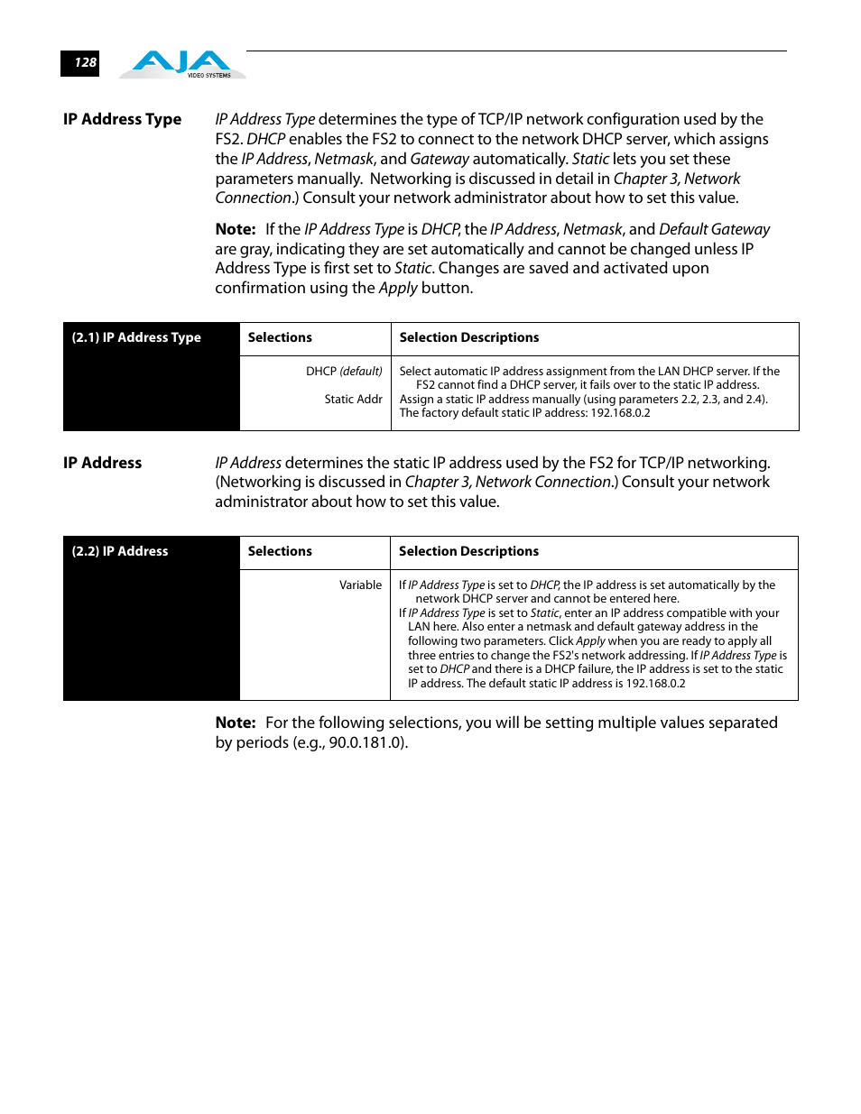 Ip address type, Ip address, Ip address type ip address | AJA FS2 User Manual | Page 126 / 230