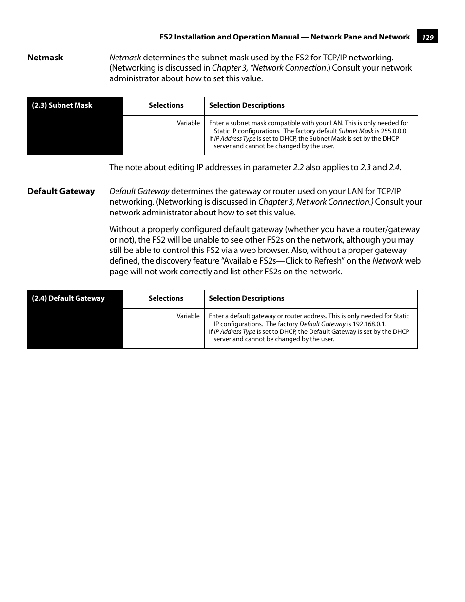 Netmask, Default gateway, Netmask default gateway | AJA FS2 User Manual | Page 127 / 230