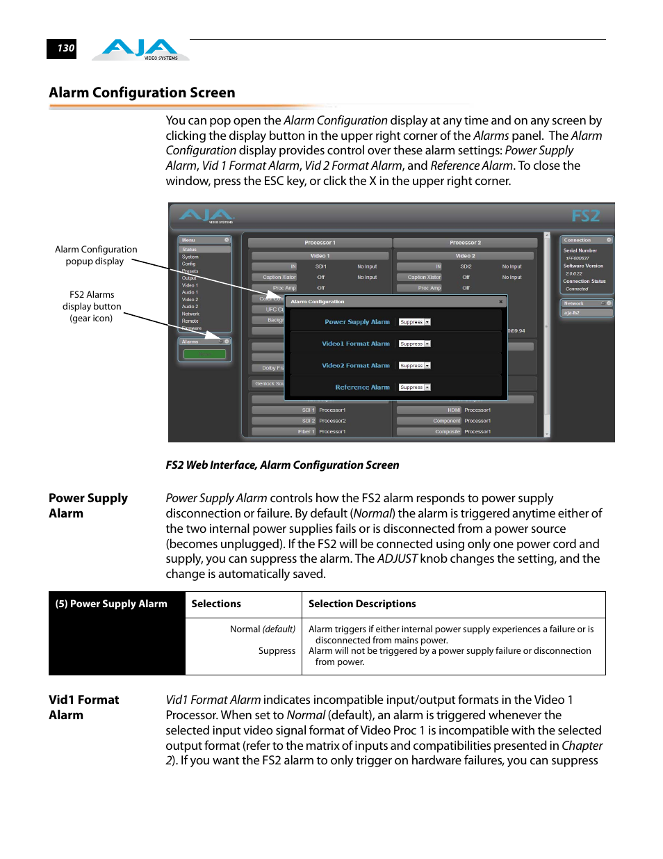 Alarm configuration screen, Power supply alarm, Vid1 format alarm | Power supply alarm vid1 format alarm | AJA FS2 User Manual | Page 128 / 230