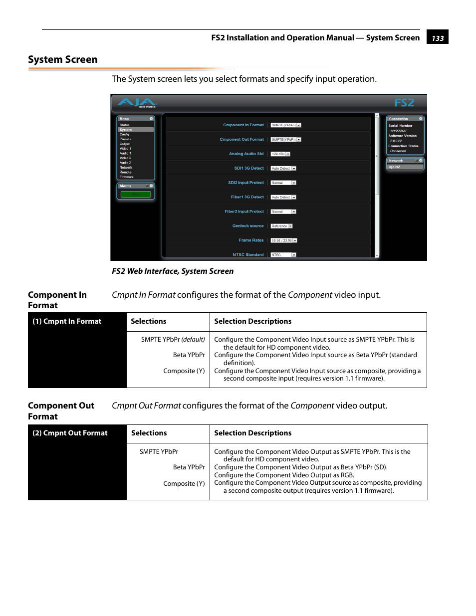 System screen, Component in format, Component out format | Component in format component out format | AJA FS2 User Manual | Page 131 / 230