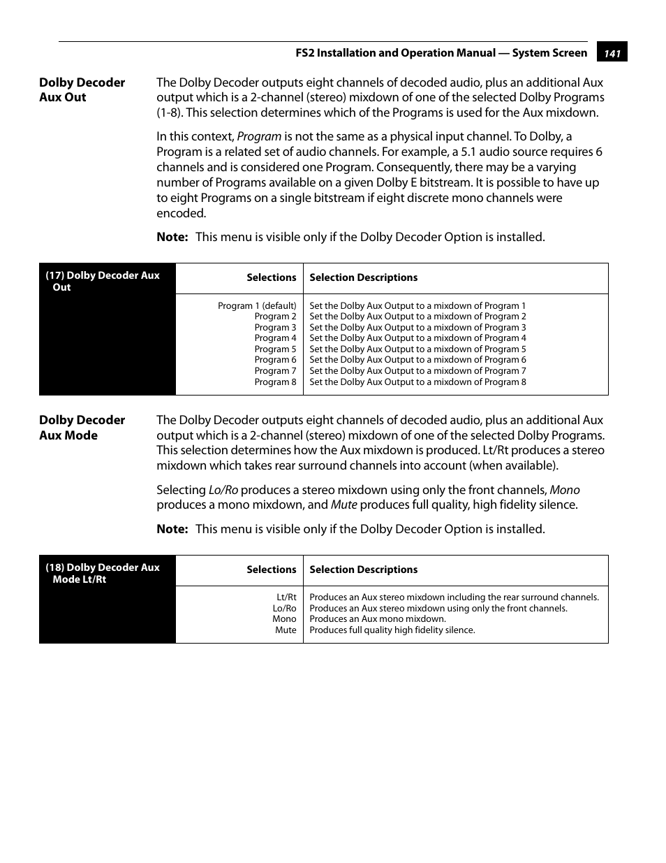 Dolby decoder aux out, Dolby decoder aux mode, Dolby decoder aux out dolby decoder aux mode | AJA FS2 User Manual | Page 139 / 230