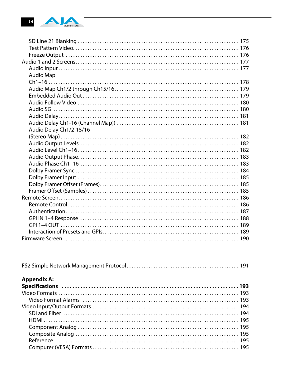 AJA FS2 User Manual | Page 14 / 230