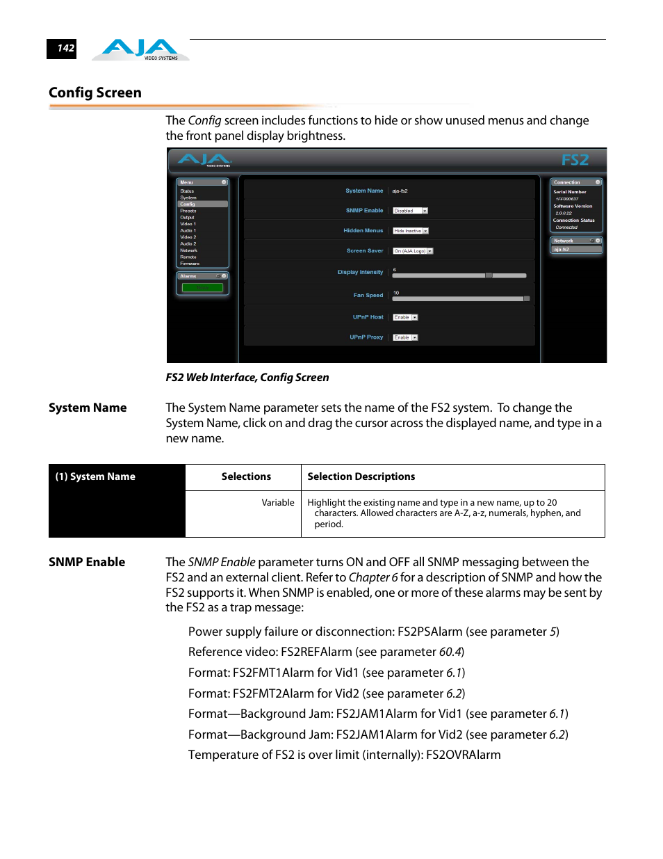 Config screen, System name, Snmp enable | System name snmp enable | AJA FS2 User Manual | Page 140 / 230