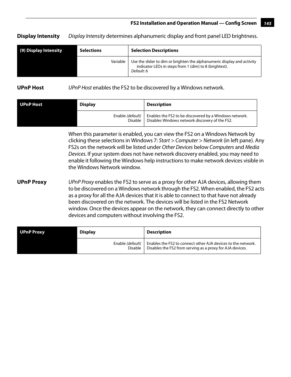 Display intensity, Upnp host, Upnp proxy | Display intensity upnp host upnp proxy | AJA FS2 User Manual | Page 143 / 230