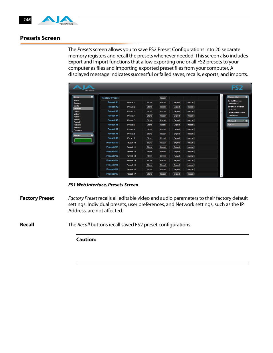Presets screen, Factory preset, Recall | Factory preset recall | AJA FS2 User Manual | Page 144 / 230