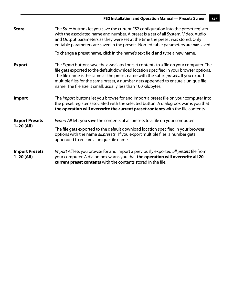 Store, Export, Import | Export presets 1–20 (all), Import presets 1–20 (all) | AJA FS2 User Manual | Page 145 / 230