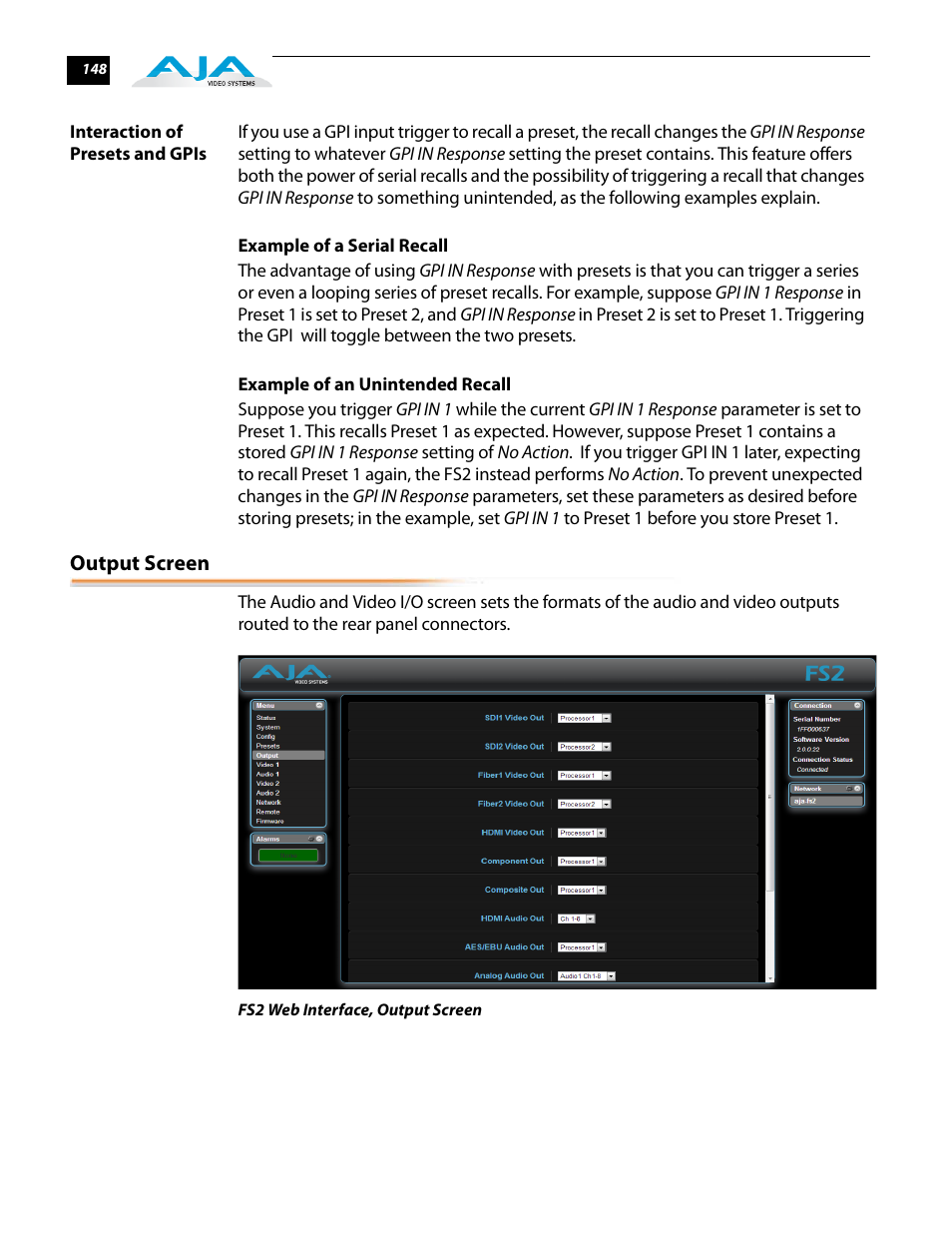 Interaction of presets and gpis, Example of a serial recall, Example of an unintended recall | Output screen | AJA FS2 User Manual | Page 146 / 230