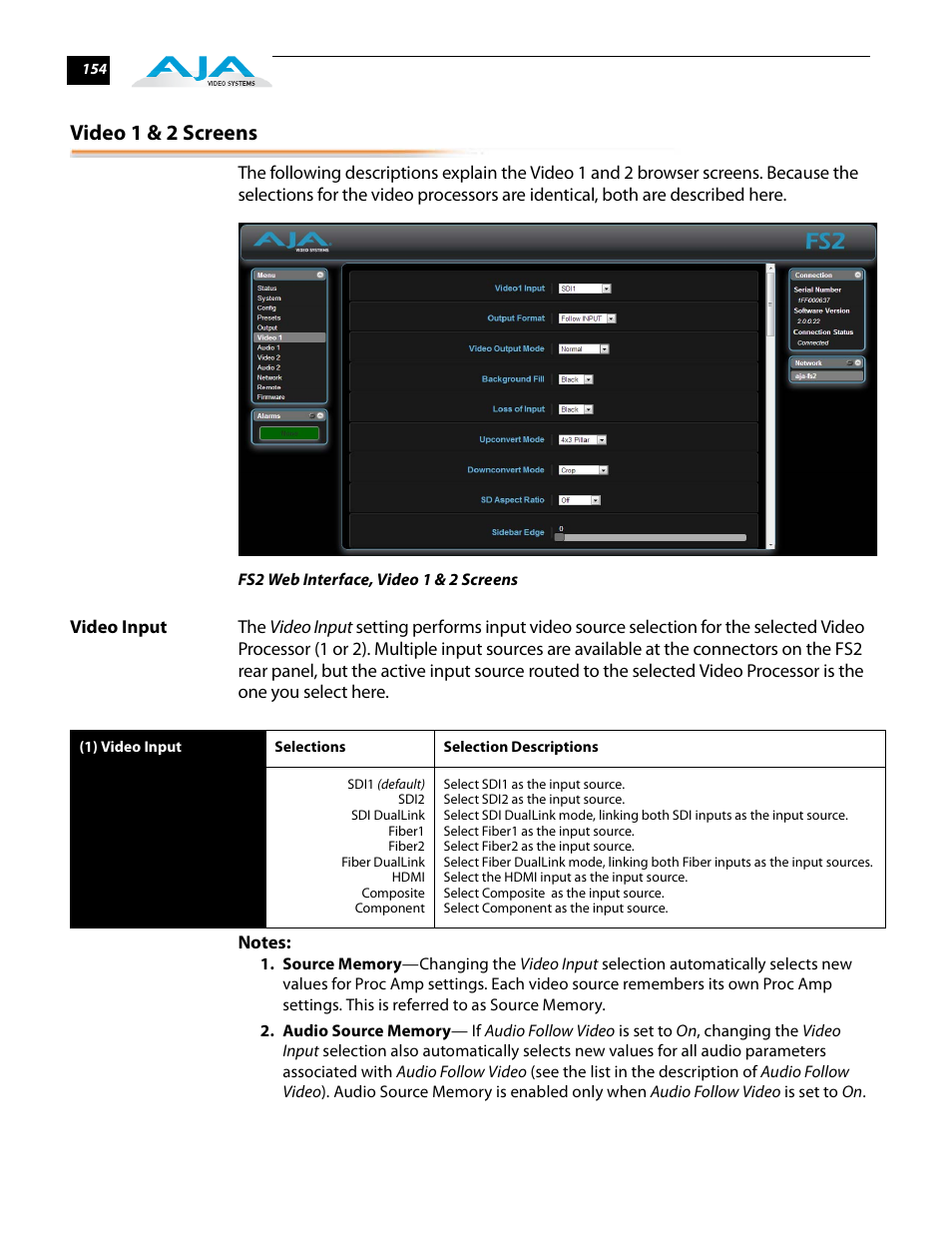 Video 1 & 2 screens, Video input | AJA FS2 User Manual | Page 152 / 230