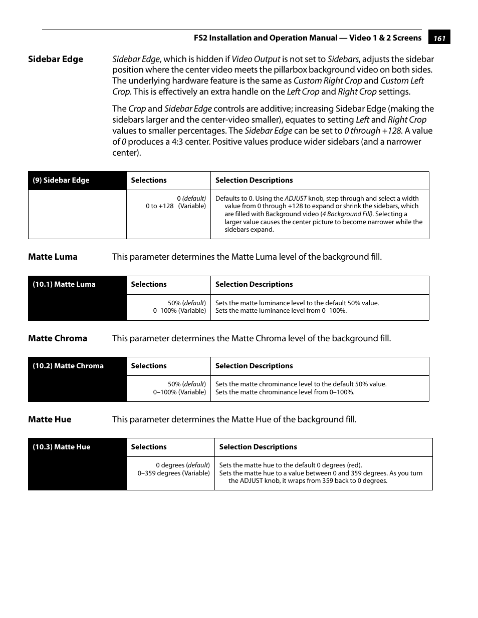 Sidebar edge, Matte luma, Matte chroma | Matte hue, Sidebar edge matte luma matte chroma matte hue | AJA FS2 User Manual | Page 159 / 230