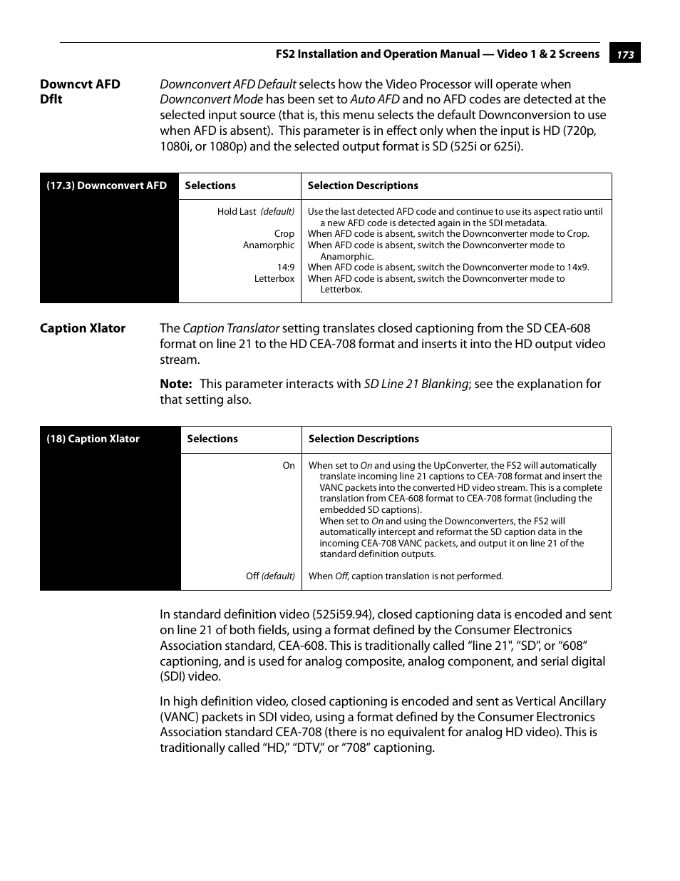 Downcvt afd dflt, Caption xlator, Downcvt afd dflt caption xlator | AJA FS2 User Manual | Page 171 / 230