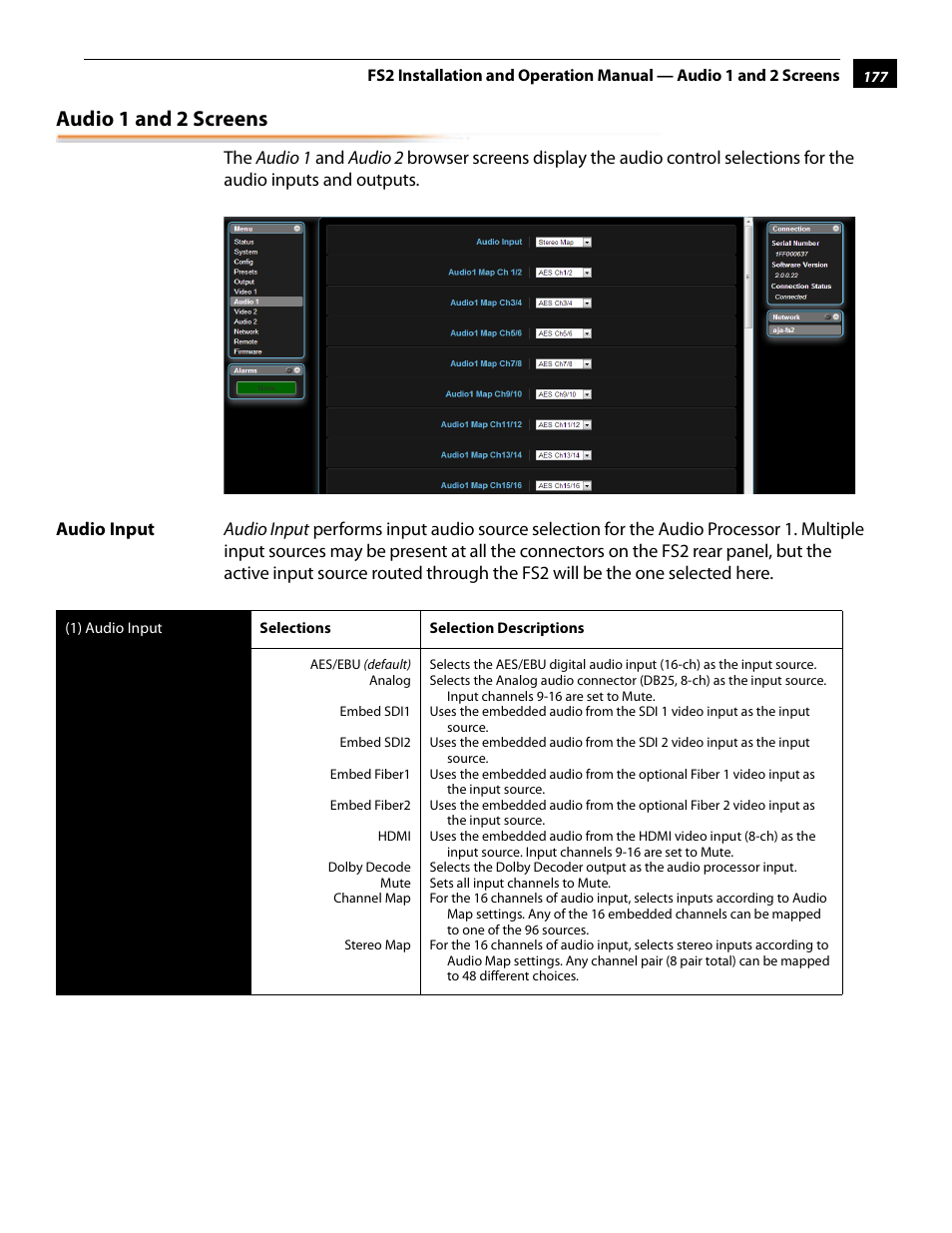 Audio 1 and 2 screens, Audio input | AJA FS2 User Manual | Page 175 / 230