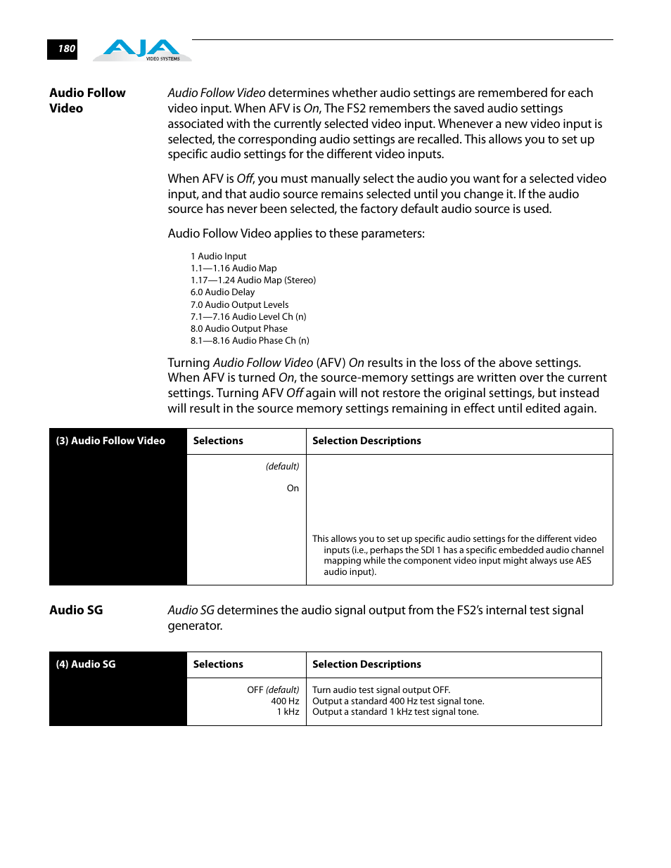 Audio follow video, Audio sg, Audio follow video audio sg | AJA FS2 User Manual | Page 178 / 230