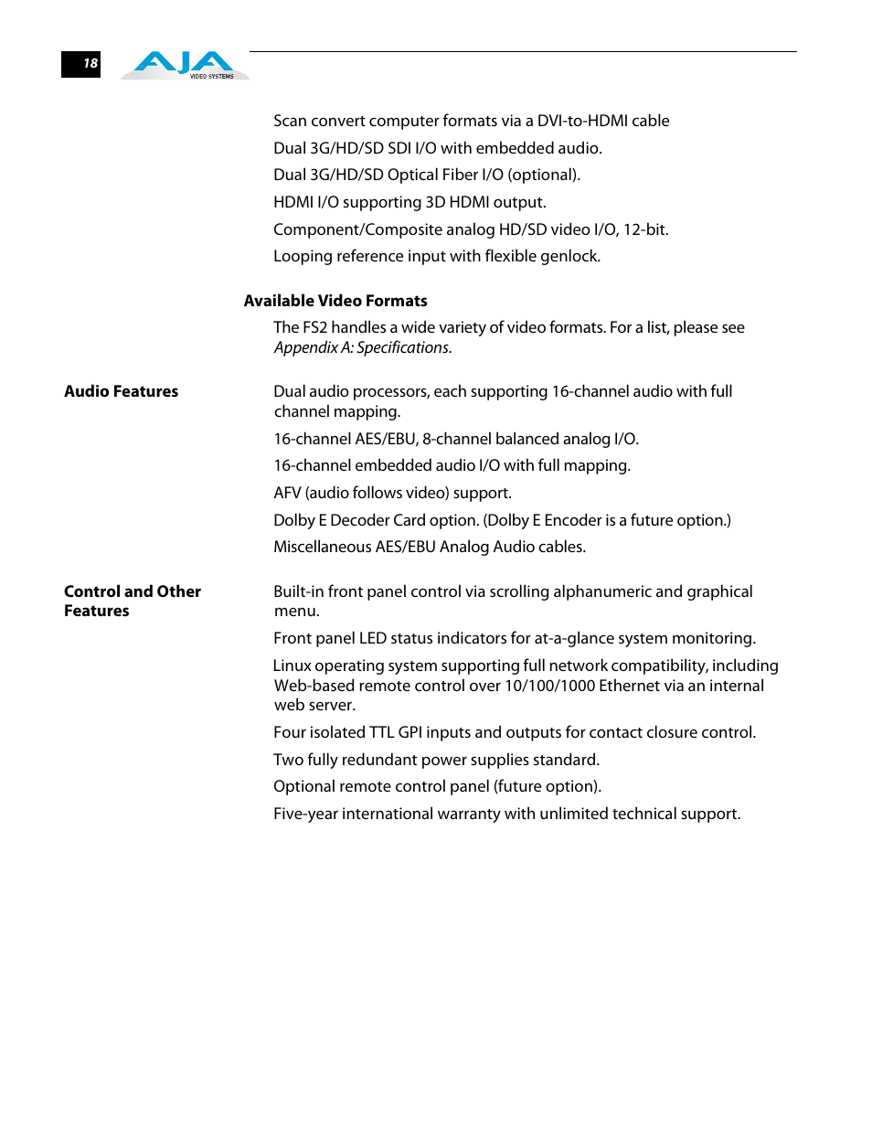 Available video formats, Audio features, Control and other features | Audio features control and other features | AJA FS2 User Manual | Page 18 / 230