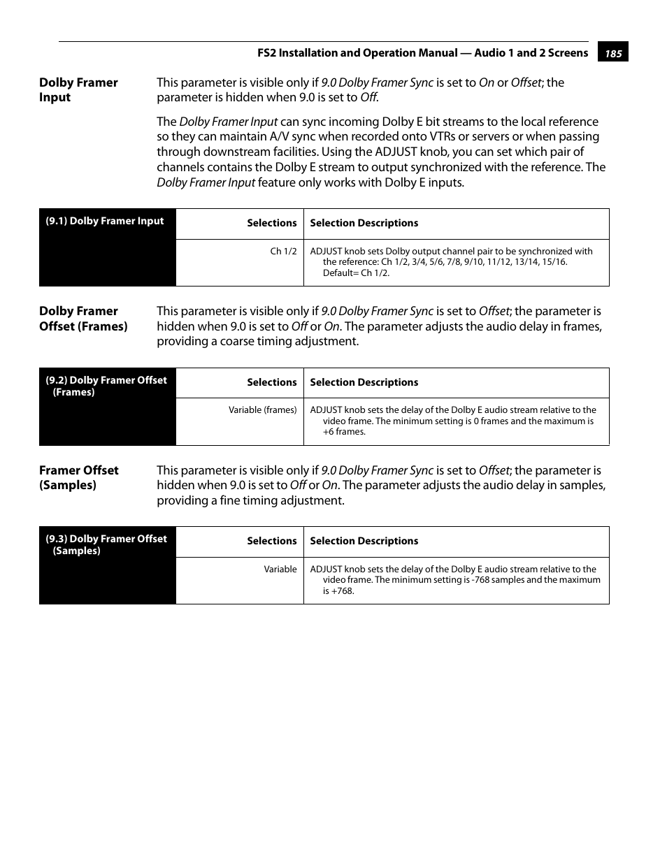 Dolby framer input, Dolby framer offset (frames), Framer offset (samples) | AJA FS2 User Manual | Page 183 / 230
